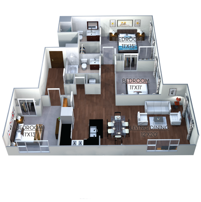 Floor plan for 3 beds, 2 baths, 1268 sqft
